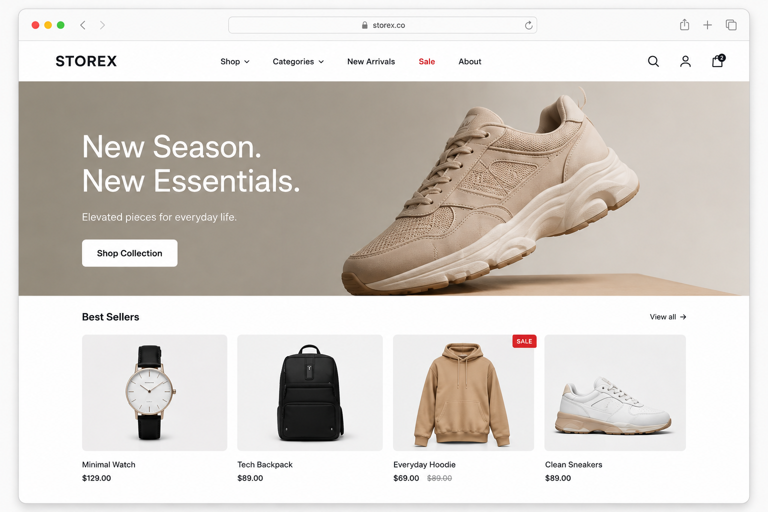 Ecommerce storefront example — seasonal hero and best sellers grid